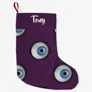 Custom name on big eyes on purple small christmas stocking