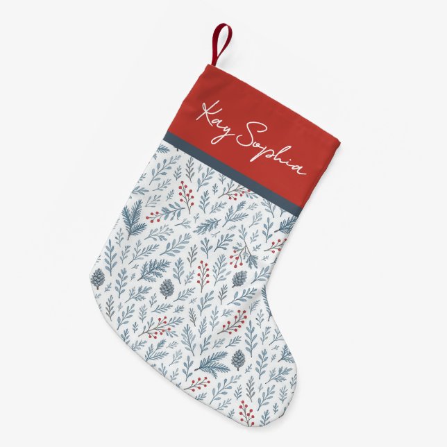 Custom Name On Botanical Holly Berry Pattern Small Christmas Stocking (Front (Hanging))