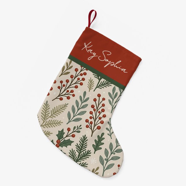 Custom Name On Botanical Holly Berry Pattern Small Christmas Stocking (Front (Hanging))