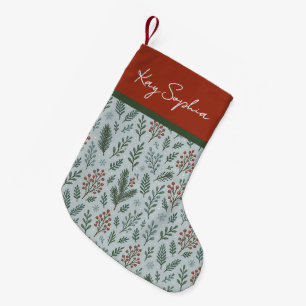 Custom Name On Botanical Holly Berry Pattern Small Christmas Stocking