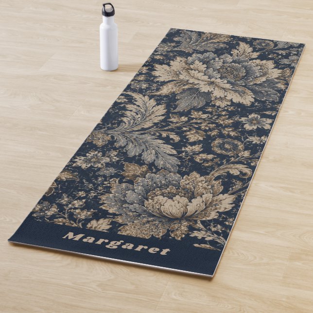 Custom Name on Navy Gold Botanical Textile Pattern Yoga Mat (In Situ)
