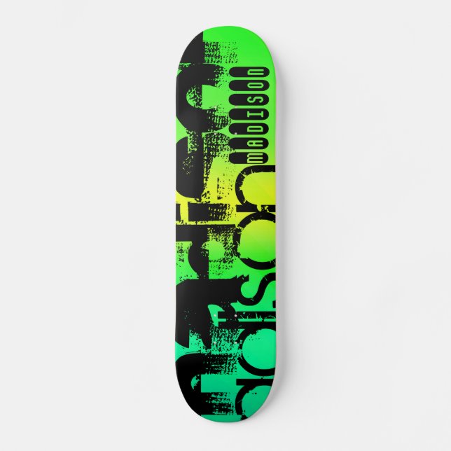 Custom Name on Neon Aqua Green and Yellow Skateboard (Front)