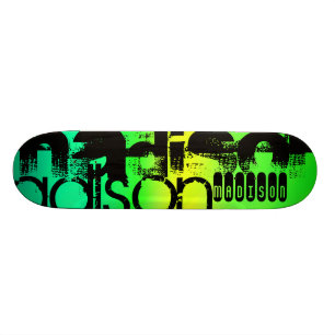 Custom Name on Neon Aqua Green and Yellow Skateboard