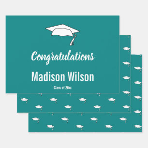 Custom Name on Teal Graduation Congratulations Wrapping Paper Sheet