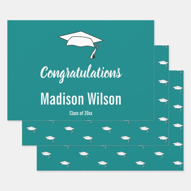 Custom Name on Teal Graduation Congratulations Wrapping Paper Sheet (Set)
