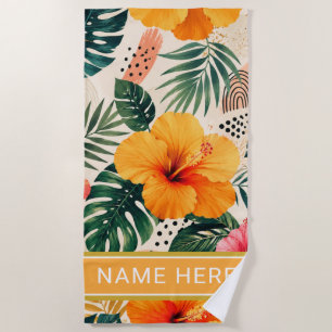 Custom Name on Vibrant Tropical Hibiscus Floral Beach Towel