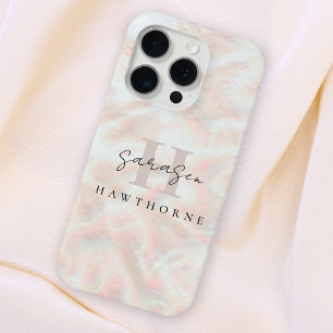Custom Name Opal Stone Design Rose Gold Monogram iPhone 15 Pro Case