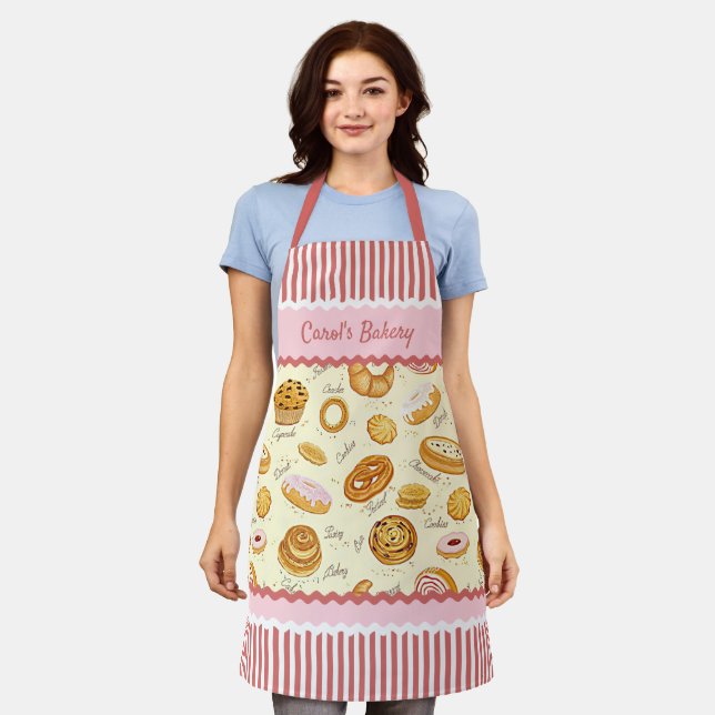 Custom Name or Text on Bakery Sweets Pattern Apron (Worn)
