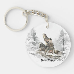Custom Name or Text Wolf Friends Howling  Key Ring