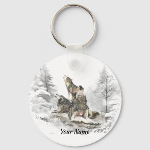 Custom Name or Text Wolf Friends Howling  Key Ring
