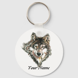 Custom Name or Text Wolf Logo watercolor Animal Key Ring