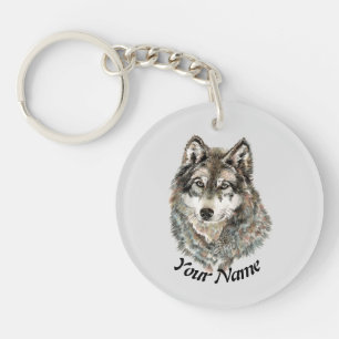 Custom Name or Text Wolf watercolor Animal Key Ring