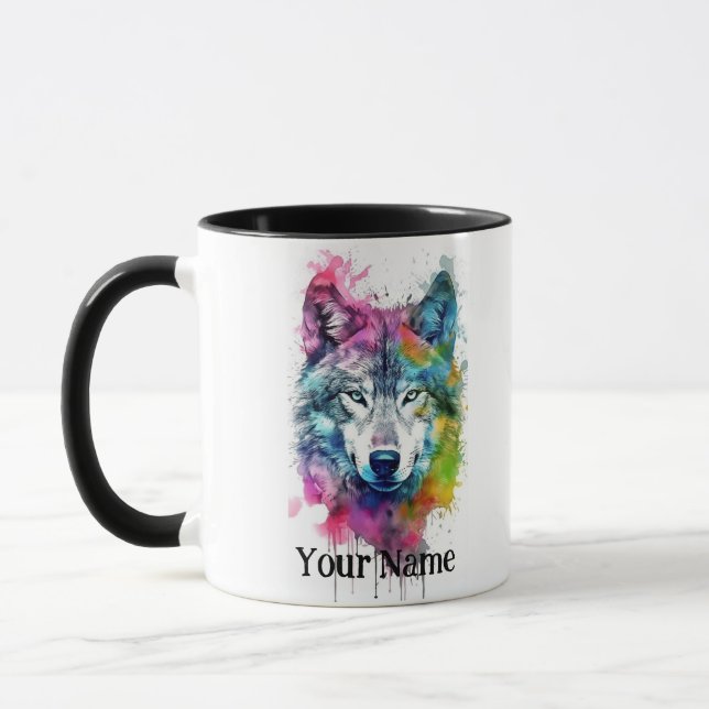 Custom Name or Text Wolf watercolor Animal Mug (Left)