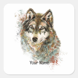 Custom Name or Text Wolf watercolor Animal Square Sticker