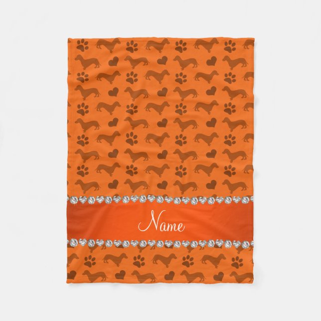Custom name orange dachshunds hearts paws fleece blanket (Front)