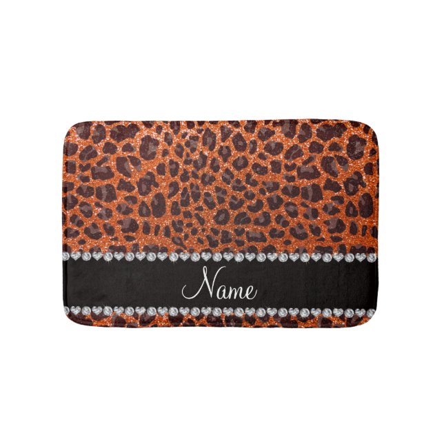 Custom name orange glitter leopard print bath mat (Front)