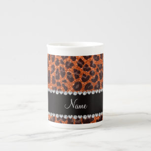 Custom name orange glitter leopard print bone china mug