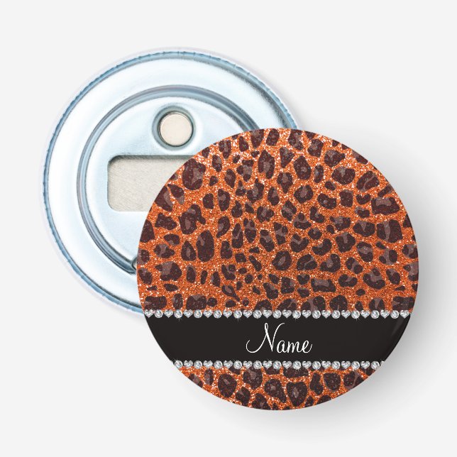 Custom name orange glitter leopard print bottle opener (Front)