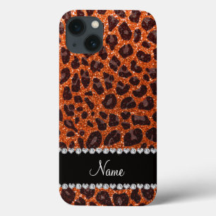 Custom name orange glitter leopard print iPhone 13 case