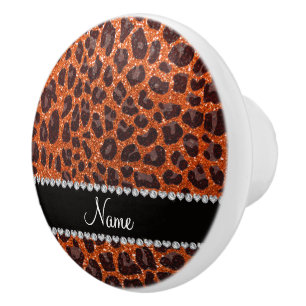 Custom name orange glitter leopard print ceramic knob
