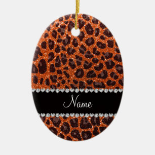 Custom name orange glitter leopard print ceramic tree decoration