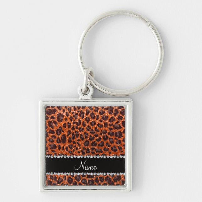 Custom name orange glitter leopard print key ring (Front)