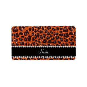 Custom name orange glitter leopard print label