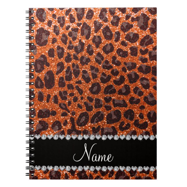 Custom name orange glitter leopard print notebook (Front)