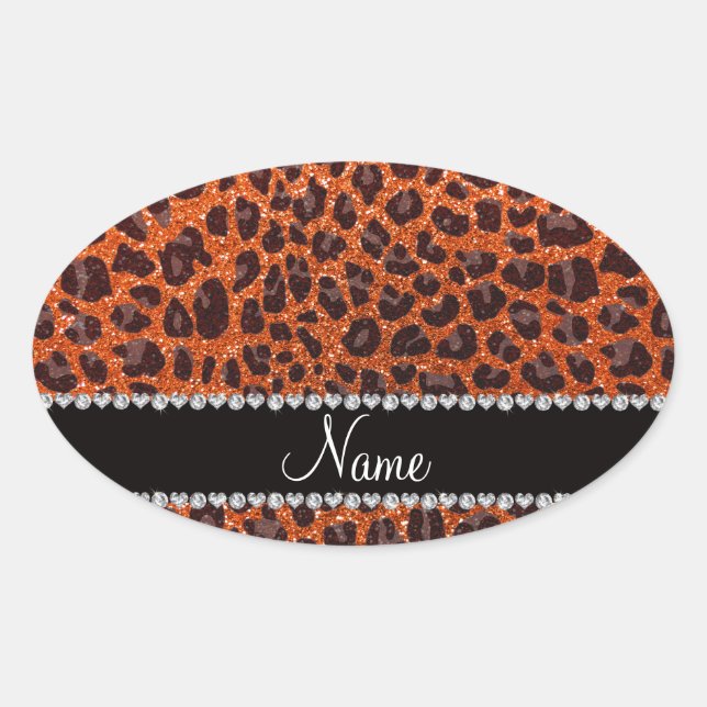 Custom name orange glitter leopard print oval sticker (Front)