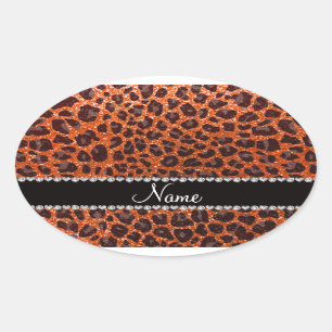 Custom name orange glitter leopard print oval sticker