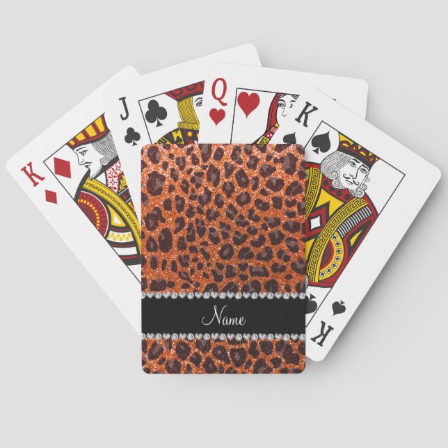 Custom name orange glitter leopard print playing cards (Back)