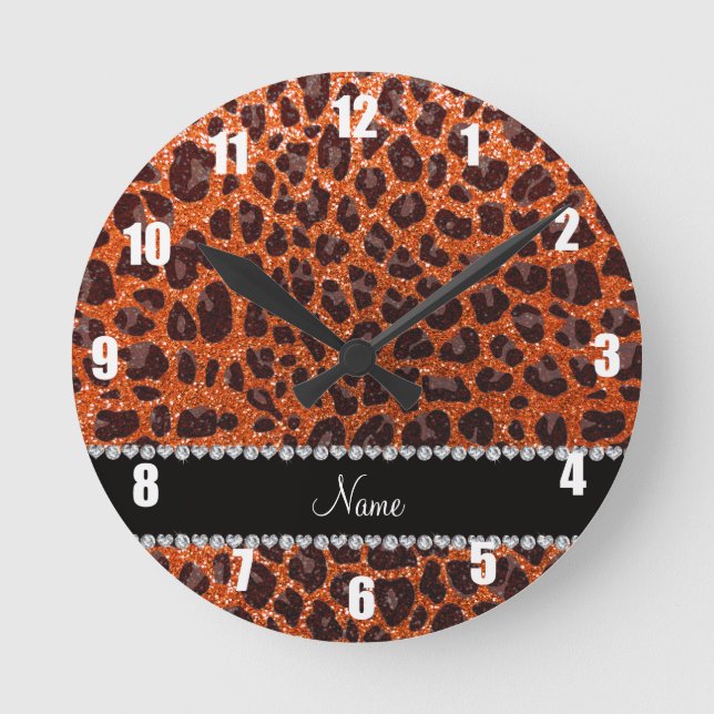 Custom name orange glitter leopard print round clock (Front)