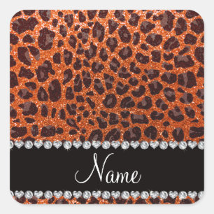 Custom name orange glitter leopard print square sticker