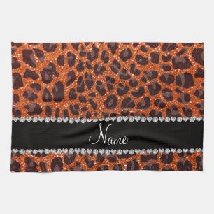 Custom name orange glitter leopard print tea towel