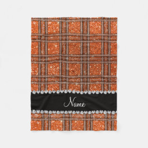 Custom name orange glitter plaid fleece blanket
