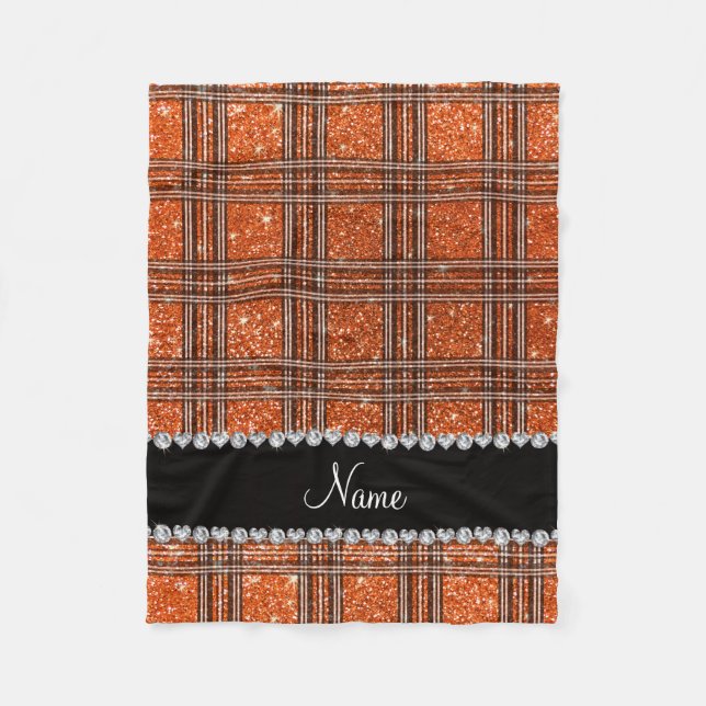Custom name orange glitter plaid fleece blanket (Front)