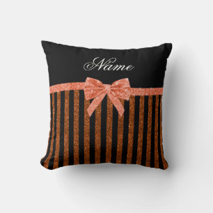 Custom name orange glitter stripes bows cushion