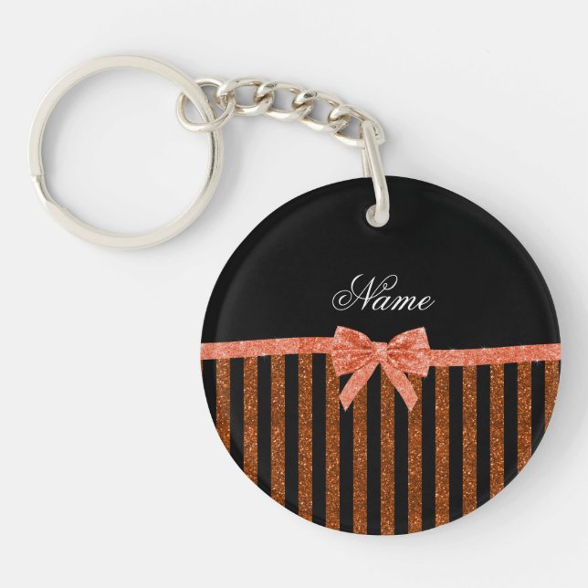 Custom name orange glitter stripes bows key ring (Front)