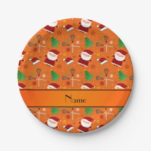 Custom name orange lacrosse christmas pattern paper plate