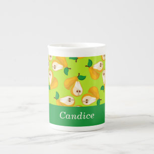 Custom name orange pears on green bone china mug