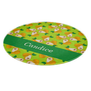 Custom name orange pears on green cutting board