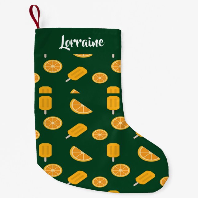 Custom name orange slices and ice cream green small christmas stocking (Front)