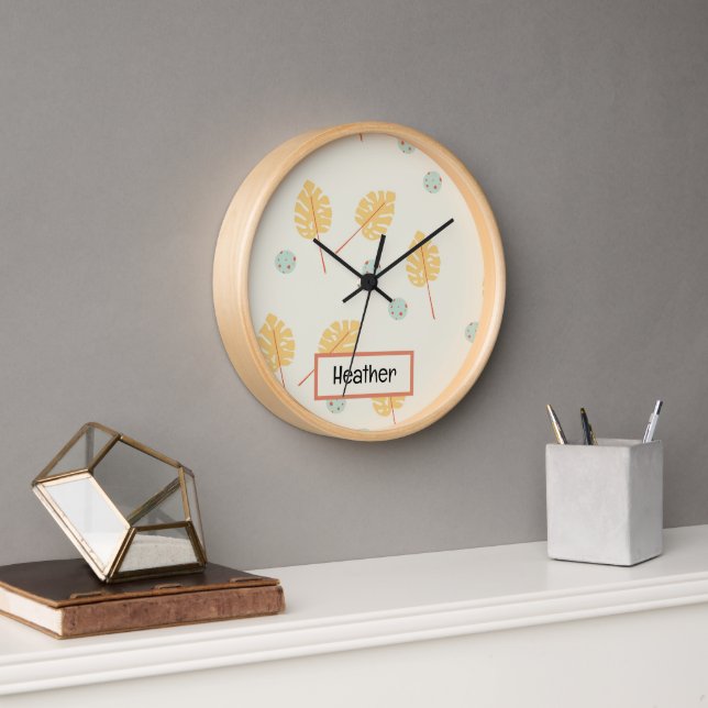 Custom name orange tropical leaves cream clock (Office)