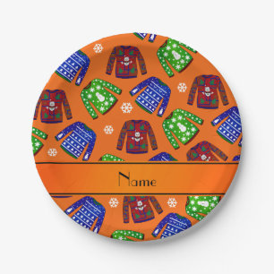 Custom name orange ugly christmas sweater pattern paper plate