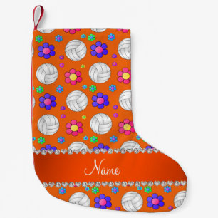 Custom name orange volleyball rainbow flowers small christmas stocking