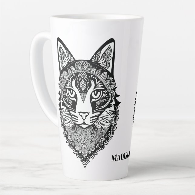 Custom Name Ornamental Cat Latte Mug (Left Angle)