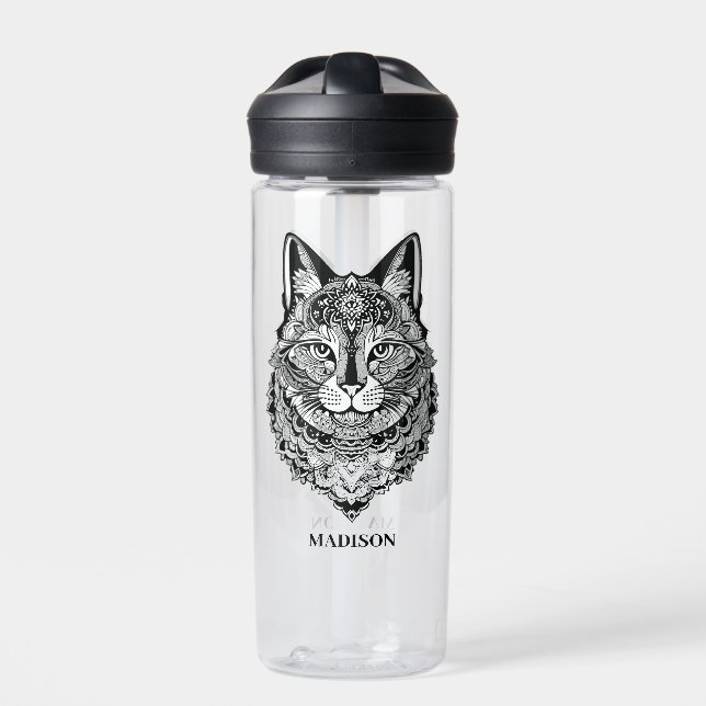 Custom Name Ornamental Cat Water Bottle (Front)