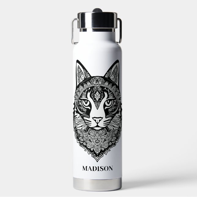 Custom Name Ornamental Cat Water Bottle (Front)