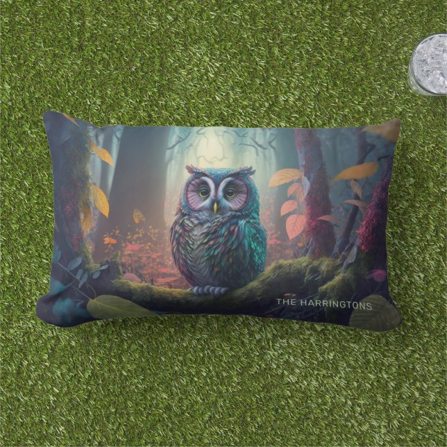 Custom Name Owl Forest Lumbar Cushion (Grass)