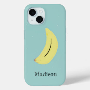 Custom name painted banana on blue iPhone 15 case